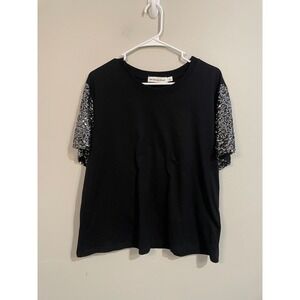 Rebecca Minkhoff Sequin Sleeve T-Shirt In Black Size Large Party Modern Sparkle